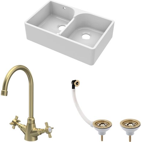 Fireclay Kitchen Sink Bundle - 2 Bowl Butler Sink with Stepped Weir, Wastes & Crosshead Tap, 795mm Brushed Brass (1/2)