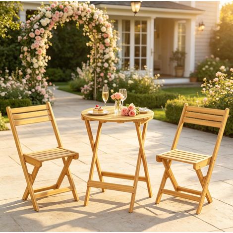 Set bistro da giardino 60x60x75 cm pieghevole, 1 tavolo e 2 sedie, già montato, legno di acacia, naturale (1/5)