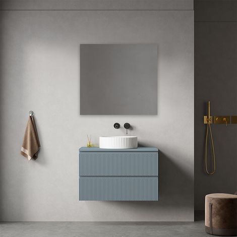 Mobile bagno sospeso cannettato 80 cm Blu Avio per Lavabo d'appoggio Specchio Quadro - Fiji Paint Top Canneté (1/4)