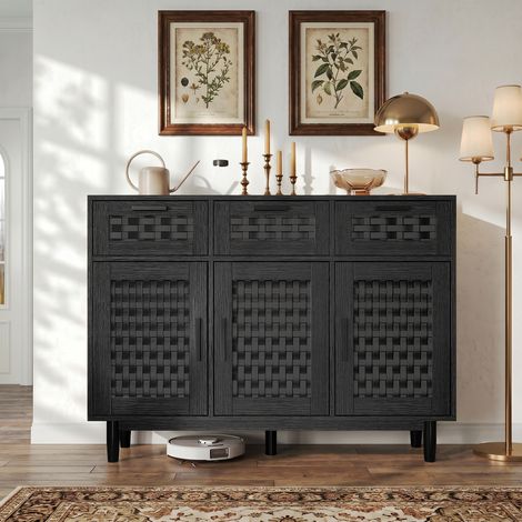 BLANKETSWARM - Buffet cuisine avec 3 tiroirs et 3 Portes en Rotin, 1003580 cm, meuble bas rangement, buffet salle a manger - style vintage rustique - Noir