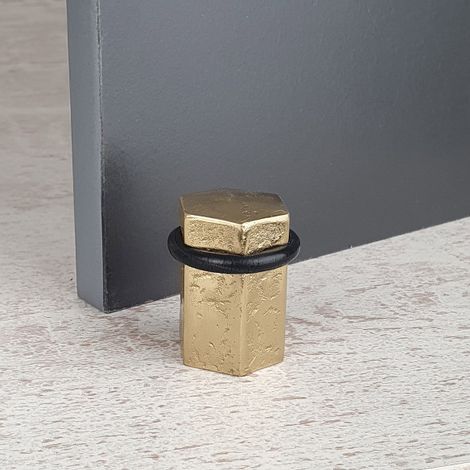 Ouvre&Déco – Butée de porte sol HEXAGONE, Laiton doré brut martelé