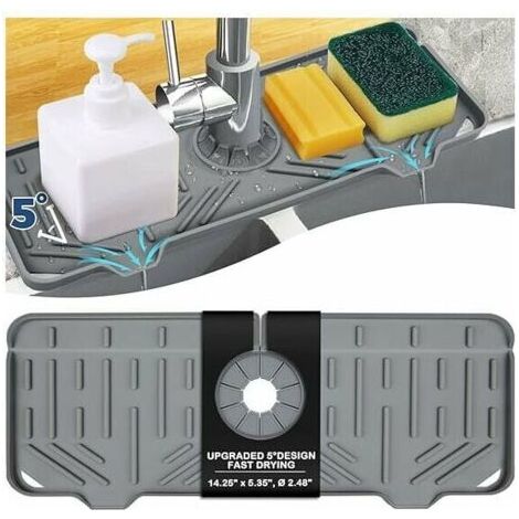 Tapis de plateau anti-goutte en silicone avec poignée de robinet, porte-éponge pour savon à vaisselle pour accessoires d'évier de cuisine, tapis de séchage pour comptoir de cuisine (gris)