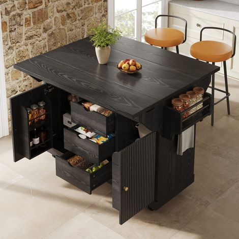 Îlot de cuisine sur roulettes verrouillables, table pliante, chariot de cuisine avec étagères réglables et tiroirs, noir (1/5)