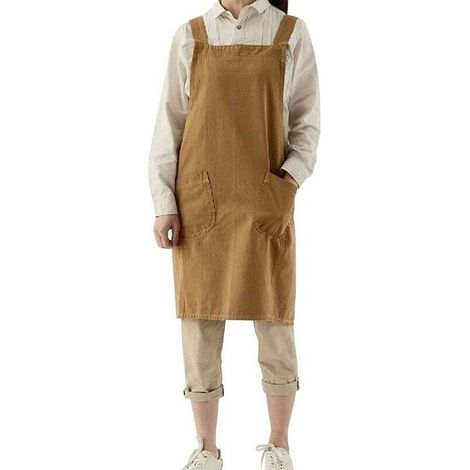 Tablier de jardinage Tablier japonais en coton et lin croisé pour femme avec poches, robe chasuble à la mode pour le jardinage, la peinture, le nettoyage, la cuisine - Jaune-02 (1/5)
