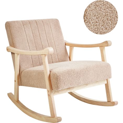 Silla mecedora balancín tapizado de bouclé patas de madera de caucho con reposabrazos sala de estar sillón de lactancia beige Leknes (1/5)