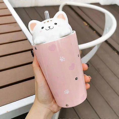 Mug de voyage en céramique avec couvercle chaton 3D, grande tasse réutilisable pour thé, lait, bubble tea, café, cadeau pour femme, 480 ml. Idéal pour Noël. (1/5)