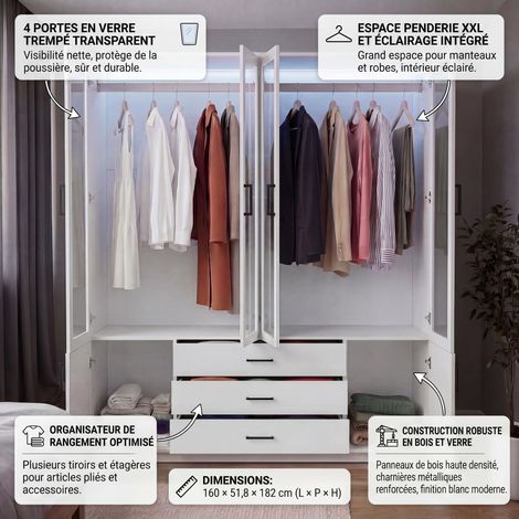 Armoire 160x51.8x182 cm avec 4 portes transparentes, 3 tiroirs， penderie - éclairage d'ambiance réglable - moderne，verre et bois - blanc — vue 2
