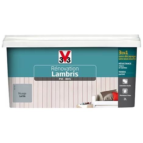 V33 – Peinture rénovation lambris PVC-bois satin nuage 2 L – Résistance tâches et chocs – Application sans décapage – Pour bois vernis et brut (1/3)
