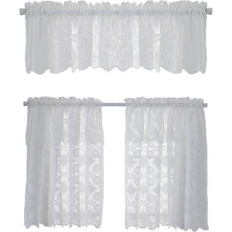 Reinweiße, florale Rosenspitze für kurze Küchengardinen, lange Gardinen mit Stangendurchzug für Café-Fenster und Wohnzimmer, 3er-Set (1/5)