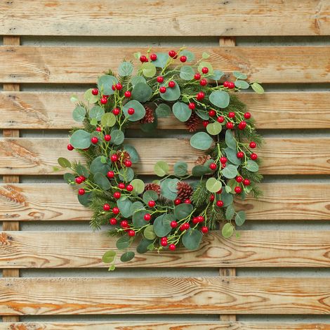 Guirlande De Noël - 50 Cm - Branches De Pin Artificielles Avec Pommes De Pin Et Baies Rouges - Pour Porte D Entrée Intérieur Extérieur - 1 Pièce (1/4)