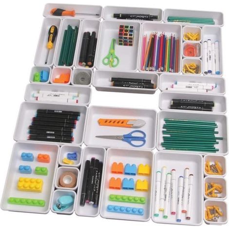 Organiseur De Tiroir - PP Robuste - 24 Pièces - 3 Tailles - Empilable Et Combinable - Blanc (1/4)