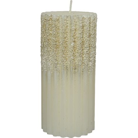 Candela decorativa in cera rigata con Glitter color Bianco Lana -Grande
