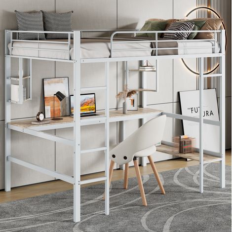 Lit mezzanine métal blanc 90x200 cm avec bureau, 4 étagères et bibliothèque, sommier à lattes inclus (1/5)