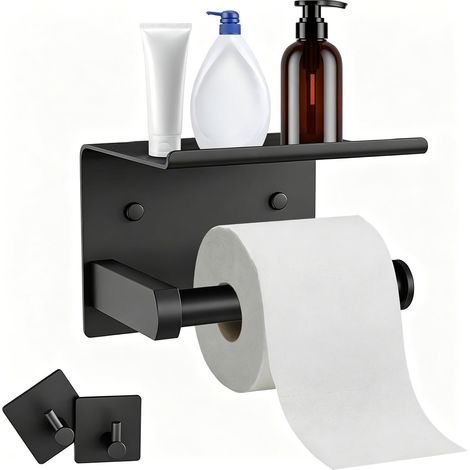 Porte Papier Toilette Mural ou Auto-Adhésif, Support Papier Rouleau WC Acier Inoxydable avec Etagère, Derouleur Papier Toilette avec 2 Crochets, Distributeur Papier Percage sans pour Salle Bain(Noir) (1/5)