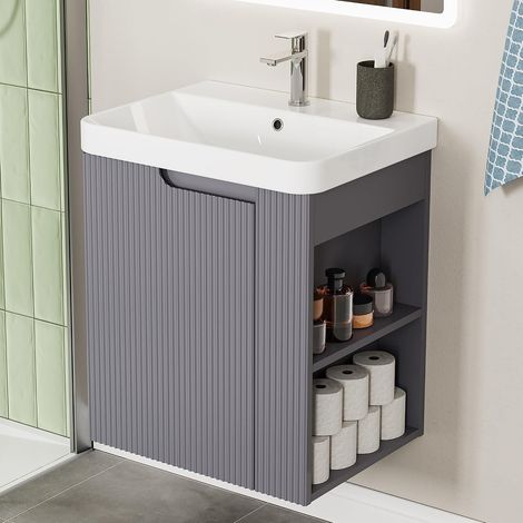 HOROW Meuble vasque 50 cm Gris avec vasque en céramique – Meuble de salle de bains suspendu avec rangement (1/5)