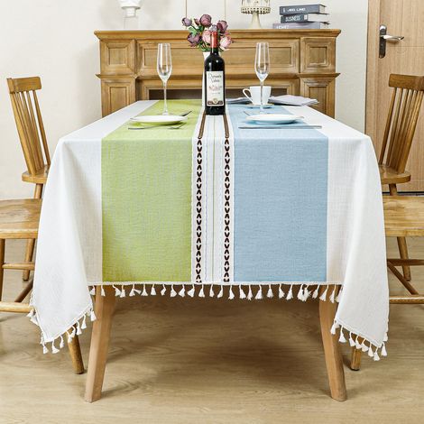 Mantel rectangular antimanchas, mantel de tela lavable, mantel impermeable para cocina, decoración de mesa exterior (rayas azules y verdes, 140 x 180 cm) (1/5)