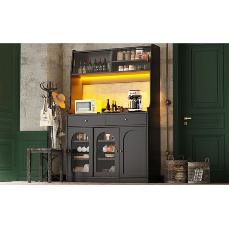 Meuble de rangement cuisine, placard mural haut, vaisselier avec étagères ajustables, buffet salle à manger 2 tiroirs, armoire lumineuse LED à couleurs changeantes, noir (1/5)