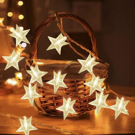 Sternen-Lichterkette 6 m, 40 LEDs, LED-Weihnachtsbaumgirlande, batteriebetrieben