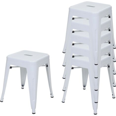 [NUNCA USADO] Juego de 6 taburetes HHG-895, taburete de metal asiento taburete, metal diseño industrial apilable, blanco (1/5)
