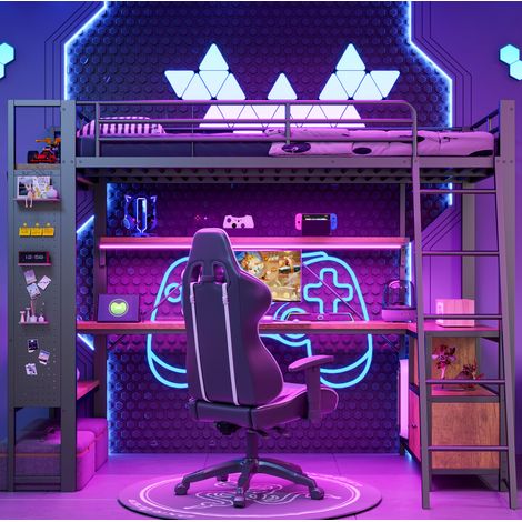 Cama alta con escritorio y almacenaje LED negra OKMYHOME (1/5)