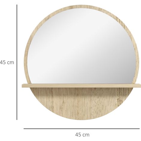 Miroir de salle de bain rond en aggloméré et verre, avec étagère de rangement et 2 crochets à l'arrière, 45 cm de diamètre x 10 cm de hauteur. (1/5)