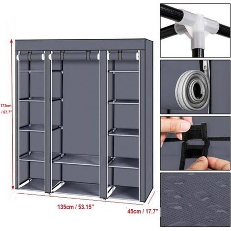 Penderie 135 x 45 x 172 cm, Armoire en Tissu 12 avec Tringle à vêtements et étagères,   Armoire de Rangement Gris pour Chambre à Coucher, Dressing, Dressing chambre, Meuble dressing (1/5)