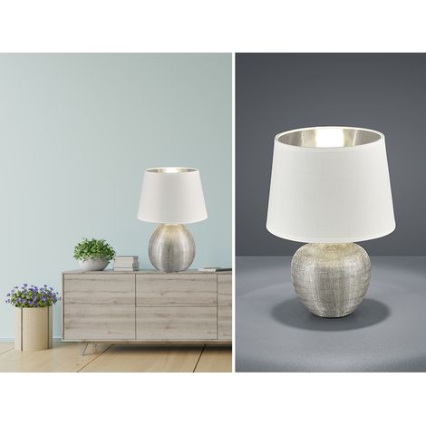 LED Tischleuchte Keramik mit Stoffschirm Weiß innen Silber, Höhe 35cm (1/5)