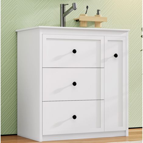 Mueble de baño con lavabo de cerámica 76 x 46 x 82 cm, 4 cajones, blanco OKMYHOME (1/5)