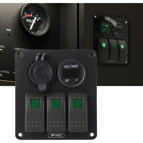 Panneau multifonction à 3 interrupteurs à bascule avec affichage du voltmètre et chargeur 4,8 A pour camping-car et bateau (voyant vert) (1/5)