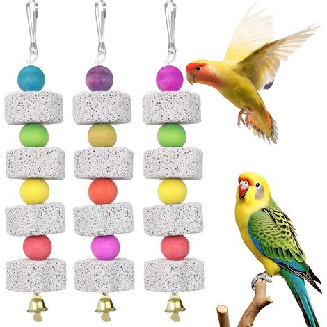 3-Piece Bird Chew Toy Set, Calcium Stone with Bell, Mineral Bird Chew Toys, Hanging Chew Toys, for Budgies, Parrots, Lovebirds (1/5)