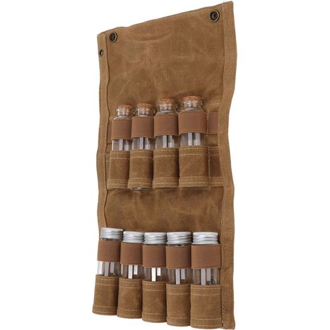 Aufbewahrungsset für Grillgewürze im Freien, inklusive 9 Glasbehältern und beigefarbener, gewachster Canvas-Tasche für Camping und Grillen (1/5)