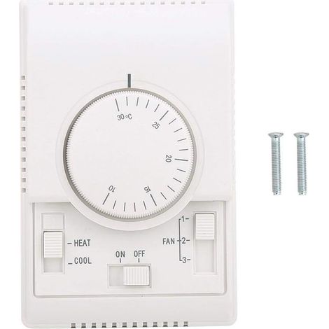 Interrupteur mural de contrôle de la température, contrôleur de température continu AC 220V 10-30 ℃, 2 modes de chauffage/refroidissement Thermostat de vitesse de ventilateur à 3 portes Mécanique (1/5)