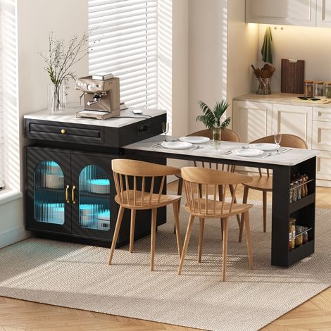 Îlot de Cuisine Extensible - Table Bar sur Roulettes avec Prises USB/Type-C, LED, Rangement & Portes Verre – Noir & Plateau Marbre (1/5)