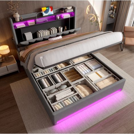 Bett 140x200 cm gepolstert in Dunkelgrau mit Stauraum-Kopfteil, LED, USB-C und Bettkasten mit Gasdruckfeder (1/5)