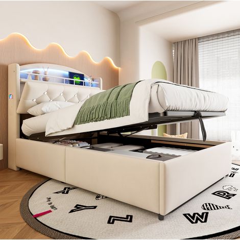 Lit enfant capitonné moderne 90x200 cm velours beige avec tête de lit LED, USB et rangement relevable (1/5)