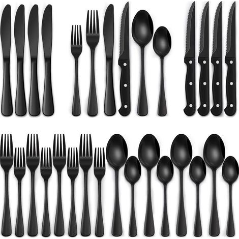 Set aus 24 schwarzen Steakmessern für 4 Personen, aus lebensmittelechtem Edelstahl, hochglanzpoliert, schwarz.