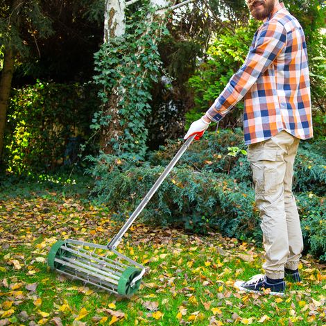 Aérateur de pelouse, 43,5 cm de large, manuel, avec bac de rangement, outils de jardin, carotteuse, aération du sol, entretien des pelouses et des sols compactés