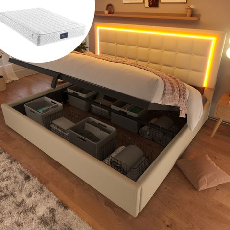 Letto contenitore adulto 160x200 cm con testiera LED, base e sistema idraulico, in ecopelle bianca, materasso incluso (1/5)