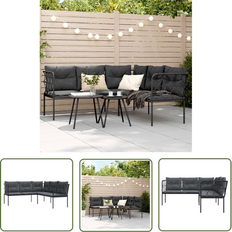 vidaXL Gartensofa in L-Form mit Kissen Schwarz Stahl und Textilene (1/5)