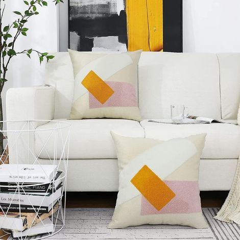 Einweg-Kissenbezüge 18x18, 2er-Set mit gesticktem geometrischem Muster, neutralen Akzenten, Kissenbezüge im modernen Landhausstil (1/4)