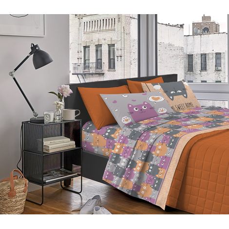 Completo Letto Stampato Made In Italy 100 % Cotone Set Lenzuolo Sopra Sotto Federe CatsArancio - Una piazza e mezza