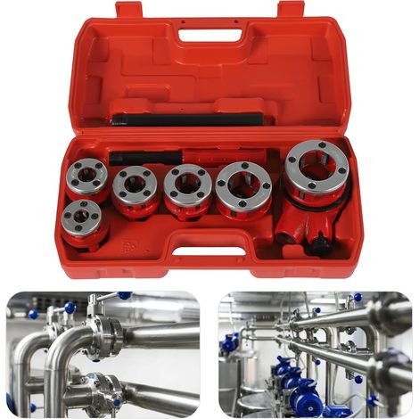 Klempner-Rohrgewinde-Kit Manuelles Einfädler-Set Gewindeschneidkluppe Ratchet Pipe Threader Kit mit 6 Matrizen-1/4",3/8",1/2",3/4",1",1-1/4"