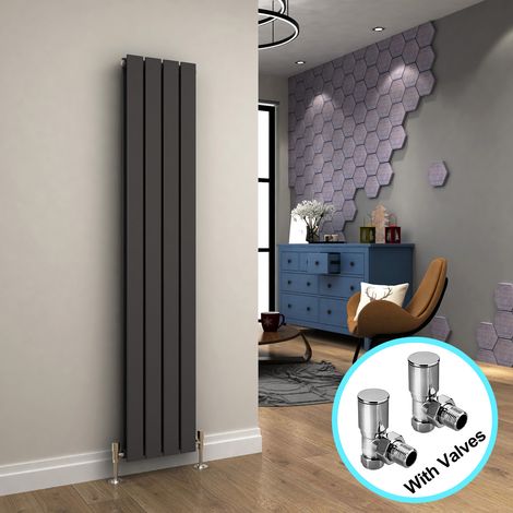 ELEGANT Vertical Designer Radiator Flat Panel + Angled Radiator Valves 1600 x 300 mm Anthracite Double (1/5)