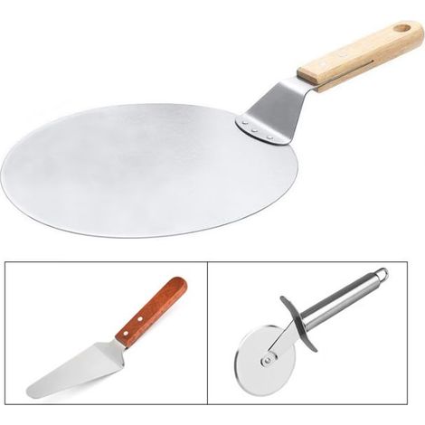 3pcs Roulette pizza, Pelle à pizza, Pelle à gâteau en Acier Inoxydable Manche en bois, Idéal pour Tarte, Pizza ou Gâteau (1/4)