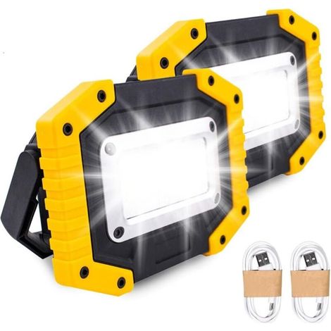 SABIR Lampe de travail LED rechargeable 30 W avec batterie de sécurité avec 3 modes de lumière COB de camping avec USB étanche pour garage, pêche, randonnée, 2 packs (piles incluses) [Classe énergétiq (1/5)