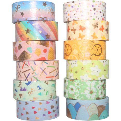 Washi-Tape-Rollen mit niedlichen Mustern und Goldfolie, 15 mm (12er-Packung)