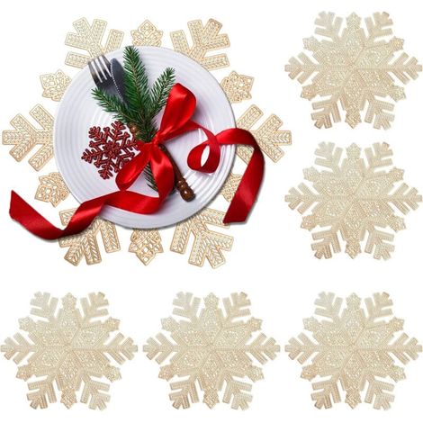 XEPHO Lot de 6 Sets de Table de Noël, PVC avec Flocons de Neige Sets de Table, Lavables Antidérapants et Résistants à la Chaleur, Set de Table en Vinyle pour Noël, Mariage, Cuisine, Fete (Doré, 38cm)