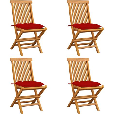 vidaXL Chaises pliantes avec coussins rouges, 4 pièces, en bois de teck massif (1/5)