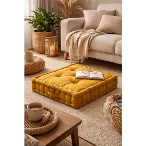1 Coussin de sol, coton half panama, effet matelassé, 5 boutons, salon chambre terrasse (1/5)