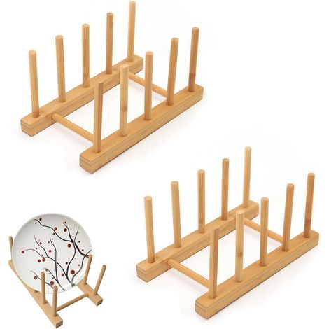 2 Pièces Egouttoir Vaisselle en Bois, 20 x 12 x 9cm 4 Slots Porte Assiette Durable, Support D'assiette en Bois pour Vaisselle, Couvercles de Casseroles, Tasses, Livres (1/5)